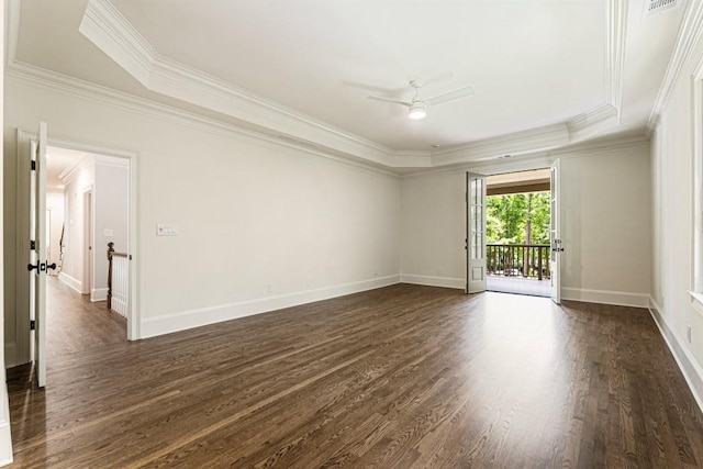 1960 Drummond Pond Rd, Milton, GA 30004 - unfurnished room with crown molding, a ceiling fan, dark wood finished floors, and a tray ceiling