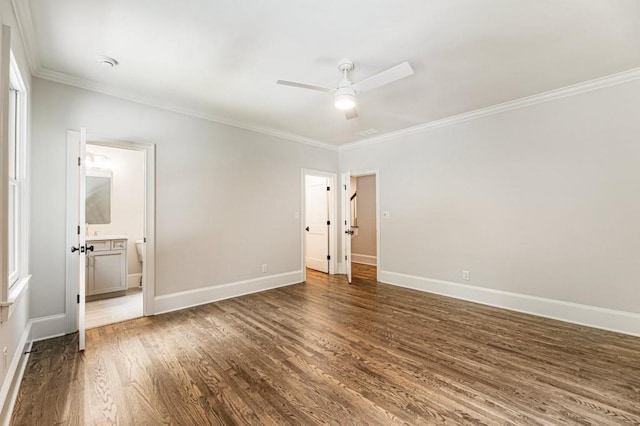 1960 Drummond Pond Rd, Milton, GA 30004 - unfurnished bedroom featuring crown molding, wood finished floors, ensuite bathroom, and ceiling fan