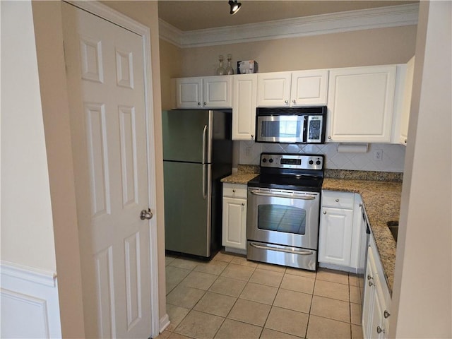 1850 Cotillion Dr Unit 2204, Atlanta, GA 30338 - kitchen with appliances with stainless steel finishes, white cabinets, ornamental molding, light tile patterned floors, and tasteful backsplash
