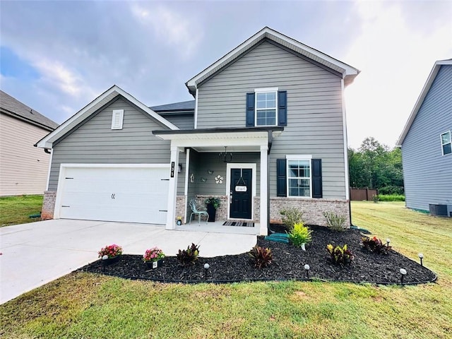 135 Softwood Ct, Dawsonville, GA 30534 - traditional-style house featuring a front yard, concrete driveway, a garage, and a porch