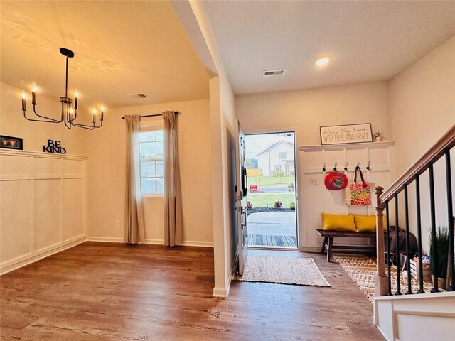 135 Softwood Ct, Dawsonville, GA 30534 - entryway featuring a chandelier, wood finished floors, stairs, and recessed lighting