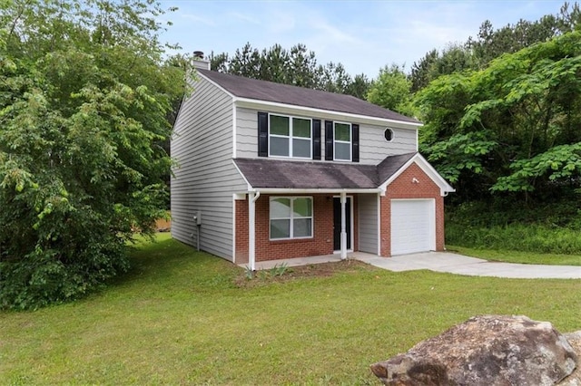 3915 Cypress Pointe Dr, Union City, GA 30291 - traditional-style home featuring brick siding, a garage, a chimney, concrete driveway, and a front lawn