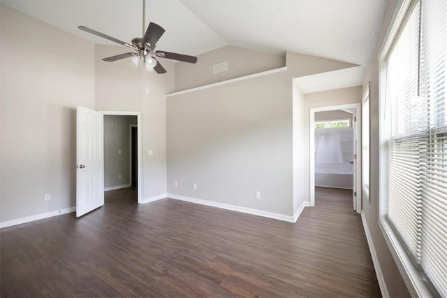 3915 Cypress Pointe Dr, Union City, GA 30291 - empty room featuring a ceiling fan, dark wood-style floors, baseboards, and high vaulted ceiling
