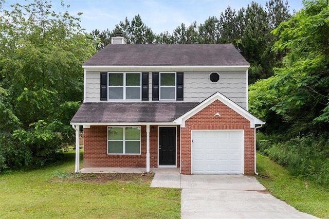 3915 Cypress Pointe Dr, Union City, GA 30291 - view of front of home with a chimney, a front lawn, brick siding, and concrete driveway