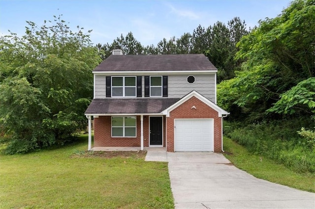 3915 Cypress Pointe Dr, Union City, GA 30291 - traditional-style house with a chimney, a front lawn, brick siding, concrete driveway, and a porch