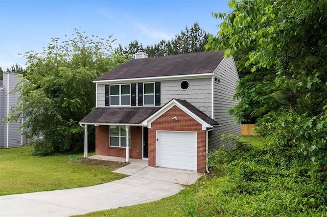 3915 Cypress Pointe Dr, Union City, GA 30291 - view of front facade featuring a front yard, a chimney, brick siding, concrete driveway, and roof with shingles