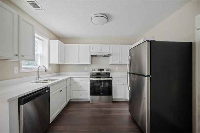 3915 Cypress Pointe Dr, Union City, GA 30291 - kitchen featuring appliances with stainless steel finishes, a sink, under cabinet range hood, a textured ceiling, and light countertops