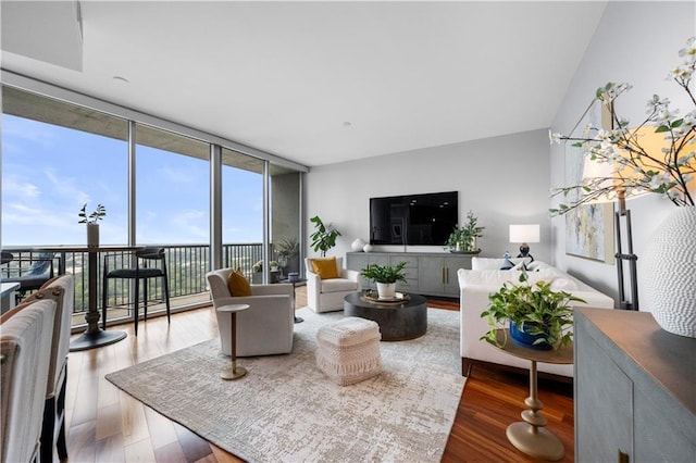 living room with a wall of windows and hardwood / wood-style floors