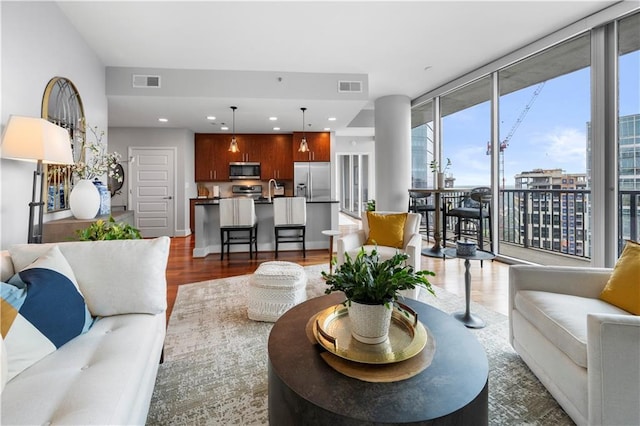 living room featuring sink, dark hardwood / wood-style floors, and expansive windows