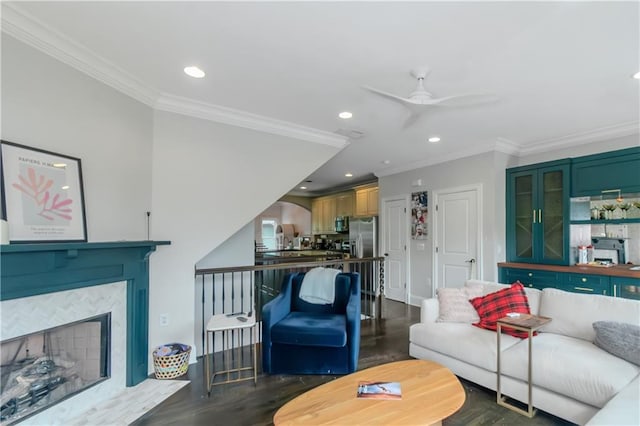 1786 Dekalb Ave NE, Atlanta, GA 30307 - living room featuring ornamental molding, dark wood finished floors, ceiling fan, recessed lighting, and a fireplace