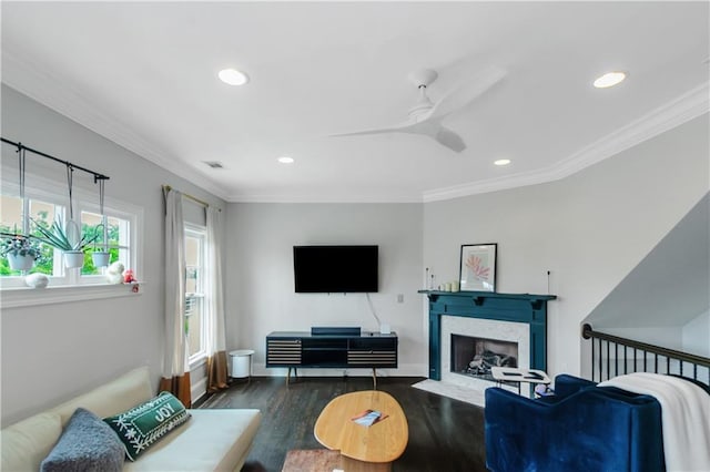 1786 Dekalb Ave NE, Atlanta, GA 30307 - living area featuring a ceiling fan, wood finished floors, recessed lighting, a fireplace with flush hearth, and crown molding