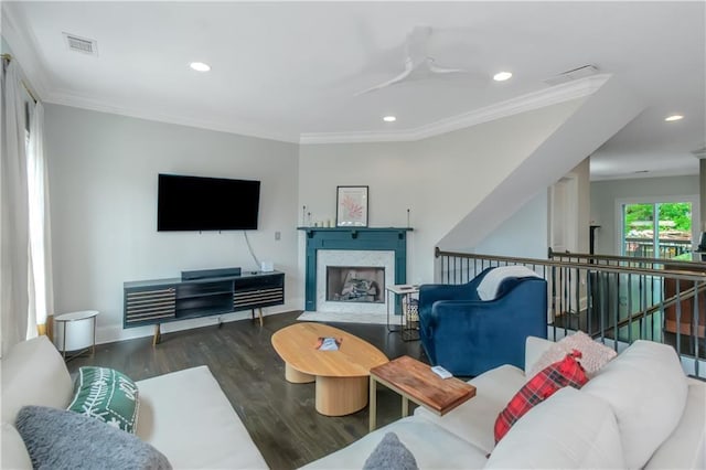 1786 Dekalb Ave NE, Atlanta, GA 30307 - living area with wood finished floors, recessed lighting, ornamental molding, baseboards, and a high end fireplace
