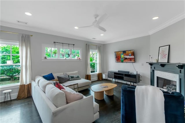 1786 Dekalb Ave NE, Atlanta, GA 30307 - living room featuring ceiling fan, dark wood-type flooring, crown molding, recessed lighting, and a fireplace
