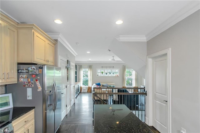 1786 Dekalb Ave NE, Atlanta, GA 30307 - kitchen featuring ornamental molding, stainless steel fridge with ice dispenser, recessed lighting, dark wood-style floors, and cream cabinets