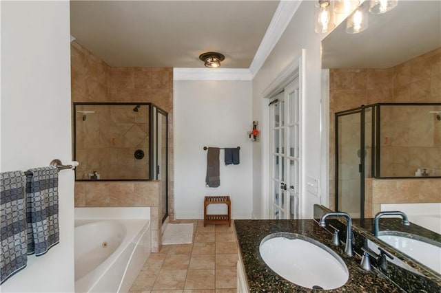 1786 Dekalb Ave NE, Atlanta, GA 30307 - bathroom with vanity, a garden tub, a shower stall, crown molding, and baseboards