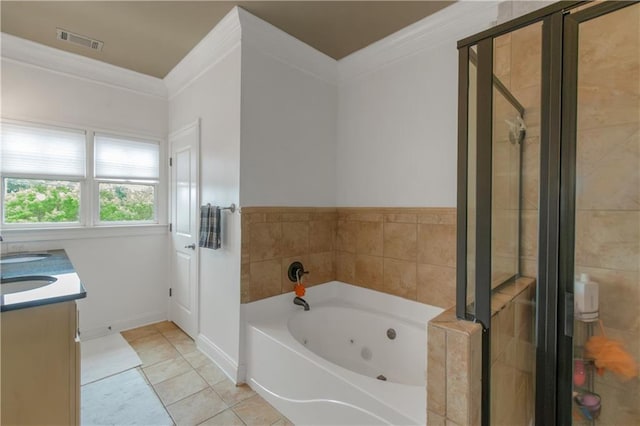 1786 Dekalb Ave NE, Atlanta, GA 30307 - full bathroom featuring a jetted tub, double vanity, crown molding, tile patterned flooring, and a stall shower