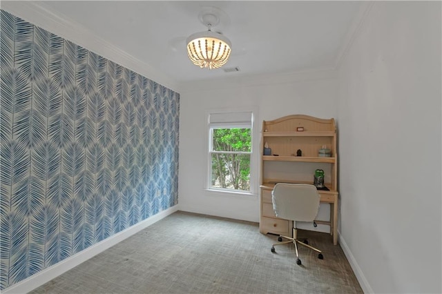 1786 Dekalb Ave NE, Atlanta, GA 30307 - unfurnished office featuring a chandelier, ornamental molding, wallpapered walls, baseboards, and carpet