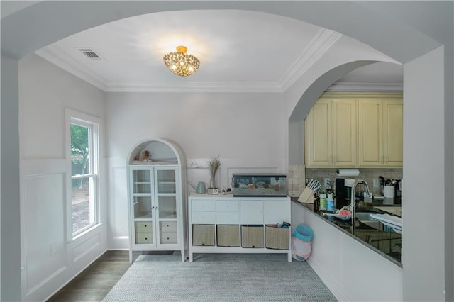 1786 Dekalb Ave NE, Atlanta, GA 30307 - bar area featuring ornamental molding, backsplash, a sink, and a chandelier