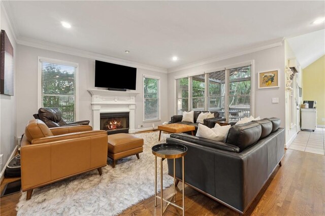 living room featuring hardwood / wood-style flooring, plenty of natural light, and crown molding