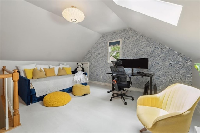 carpeted bedroom featuring vaulted ceiling with skylight