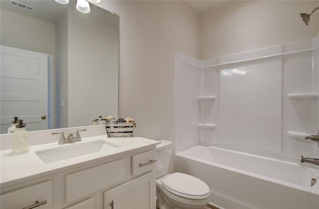 full bath featuring visible vents, toilet, vanity, and shower / bathing tub combination