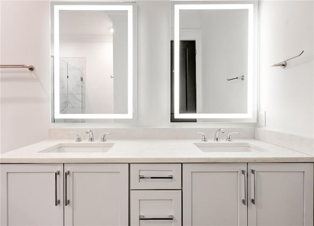 625 Piedmont Ave NE Unit 2004, Atlanta, GA 30308 - bathroom featuring double vanity, a stall shower, and crown molding