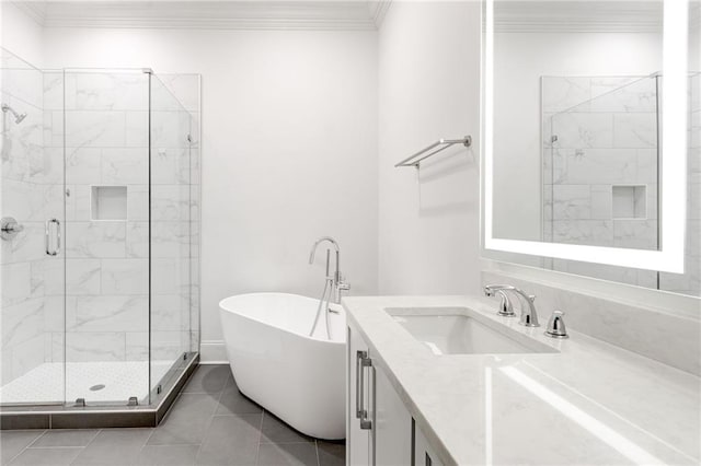 625 Piedmont Ave NE Unit 2004, Atlanta, GA 30308 - full bathroom with a freestanding tub, a shower stall, vanity, ornamental molding, and tile patterned flooring