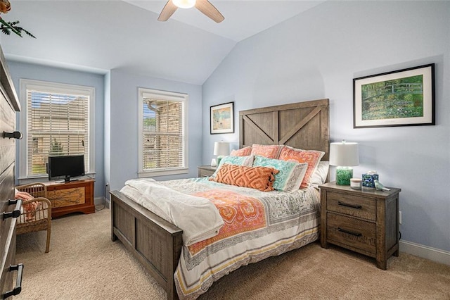 4435 Mossbrook Cir, Alpharetta, GA 30004 - bedroom featuring light carpet, vaulted ceiling, baseboards, and ceiling fan