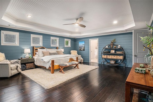 4435 Mossbrook Cir, Alpharetta, GA 30004 - bedroom featuring a tray ceiling, ornamental molding, dark wood-style floors, a ceiling fan, and recessed lighting