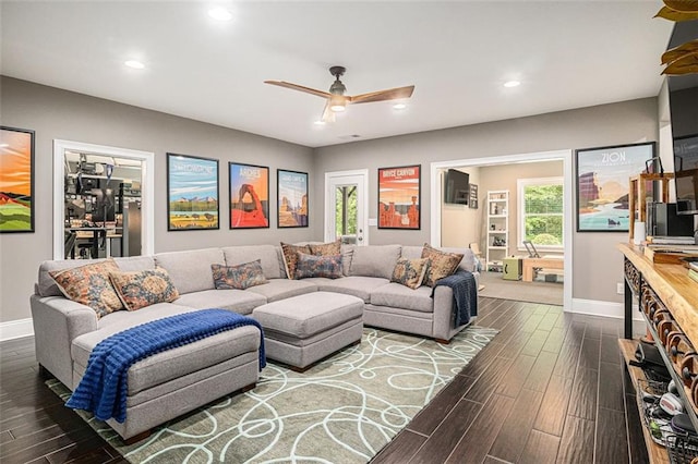 4435 Mossbrook Cir, Alpharetta, GA 30004 - living area with baseboards, dark wood-style flooring, recessed lighting, and ceiling fan