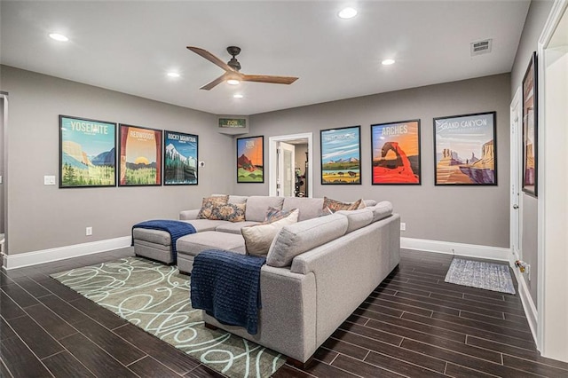 4435 Mossbrook Cir, Alpharetta, GA 30004 - living room featuring wood tiled floors, baseboards, ceiling fan, and recessed lighting