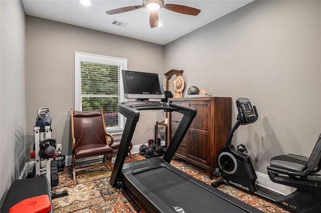 4435 Mossbrook Cir, Alpharetta, GA 30004 - exercise room featuring a ceiling fan, baseboards, and recessed lighting