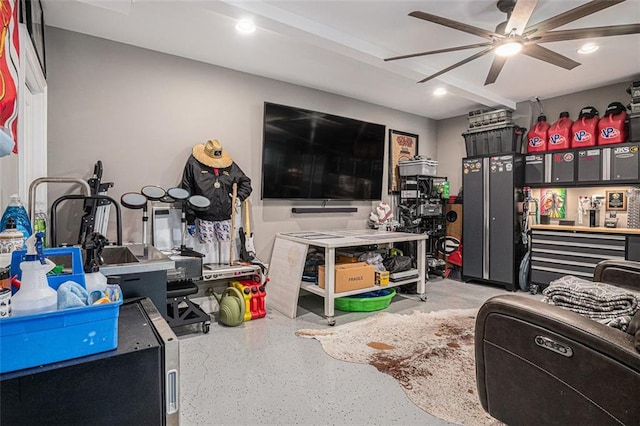 4435 Mossbrook Cir, Alpharetta, GA 30004 - living room with a ceiling fan, recessed lighting, and speckle patterned floor