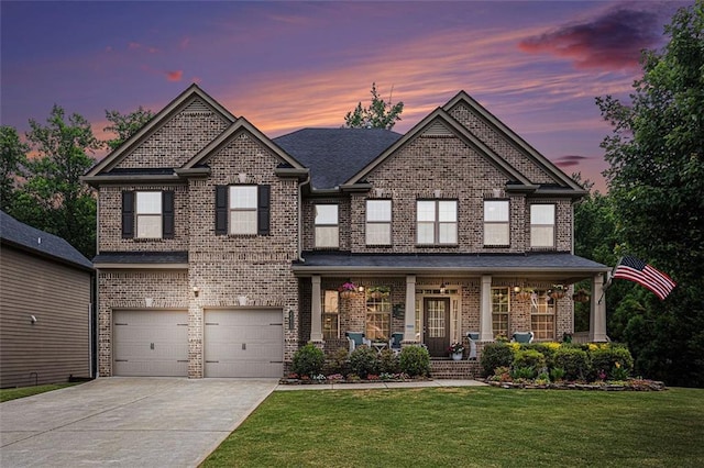 4435 Mossbrook Cir, Alpharetta, GA 30004 - view of front of home with a garage, a porch, concrete driveway, a lawn, and brick siding