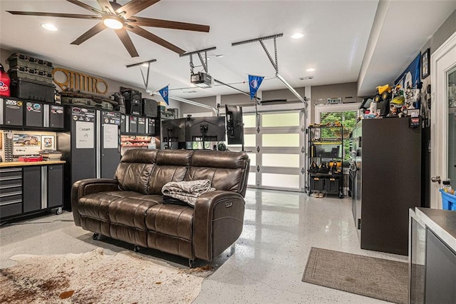 4435 Mossbrook Cir, Alpharetta, GA 30004 - garage featuring a ceiling fan, a garage door opener, and recessed lighting