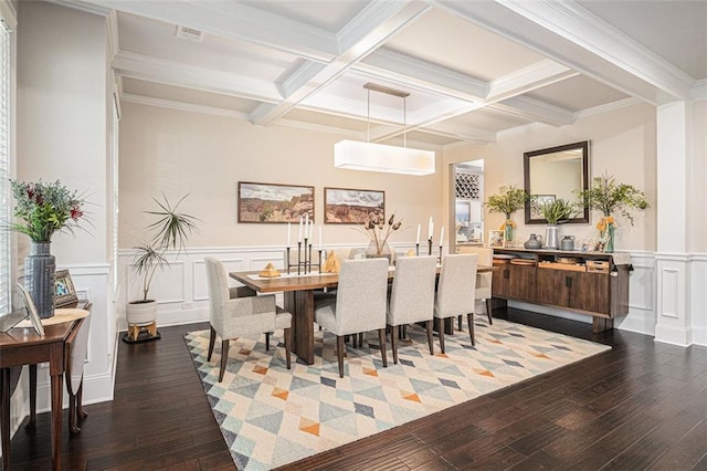 4435 Mossbrook Cir, Alpharetta, GA 30004 - dining area featuring beam ceiling, dark wood-style floors, coffered ceiling, a decorative wall, and wainscoting