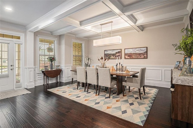 4435 Mossbrook Cir, Alpharetta, GA 30004 - dining room featuring beam ceiling, coffered ceiling, hardwood / wood-style flooring, wainscoting, and recessed lighting