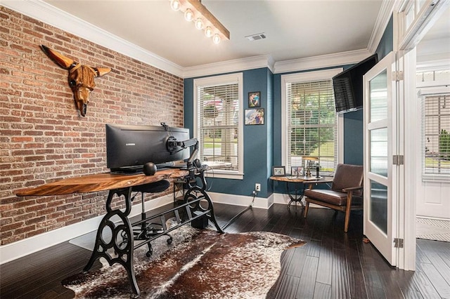 4435 Mossbrook Cir, Alpharetta, GA 30004 - office area with baseboards, hardwood / wood-style floors, crown molding, and brick wall