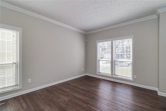 unfurnished room featuring a textured ceiling, crown molding, baseboards, and dark wood-style flooring