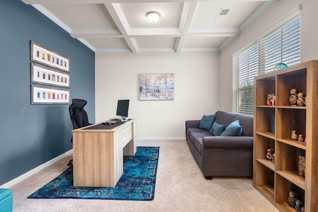 carpeted office featuring beam ceiling, crown molding, visible vents, coffered ceiling, and baseboards