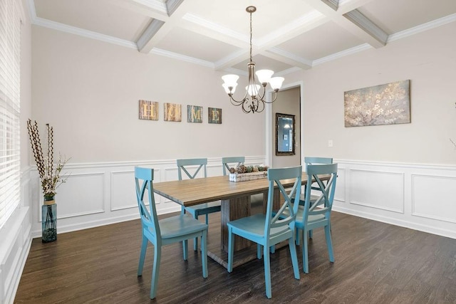 dining space with dark wood-style flooring, coffered ceiling, and beam ceiling