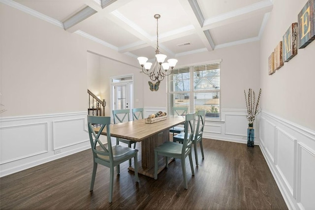 dining room with stairs, dark wood-style flooring, beamed ceiling, and a notable chandelier