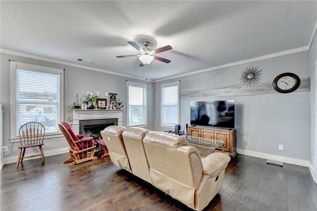 living room featuring dark hardwood / wood-style flooring, plenty of natural light, and crown molding