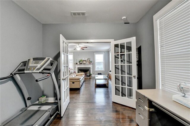 exercise area featuring french doors, dark hardwood / wood-style floors, and ceiling fan