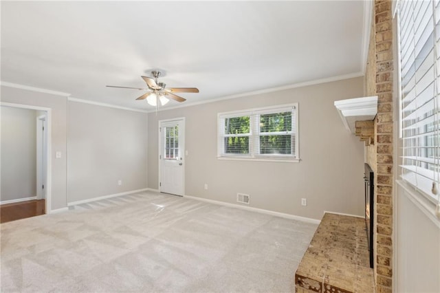 1231 Sanden Ferry Dr, Decatur, GA 30033 - interior space with light carpet, a fireplace, baseboards, and crown molding