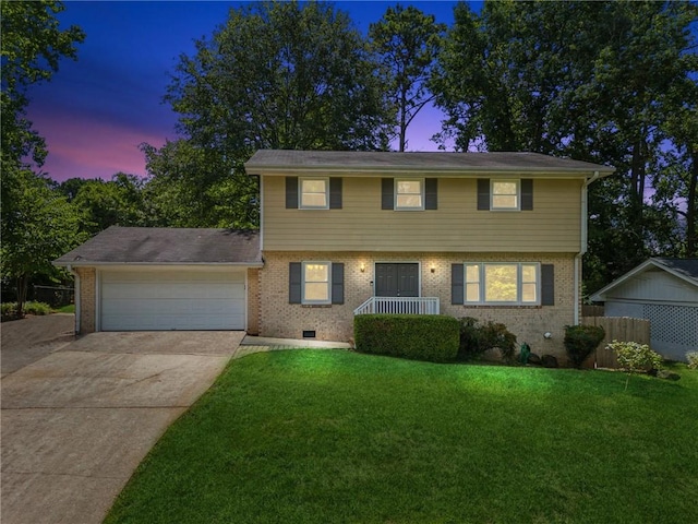 1231 Sanden Ferry Dr, Decatur, GA 30033 - colonial-style house featuring concrete driveway, an attached garage, crawl space, a yard, and brick siding