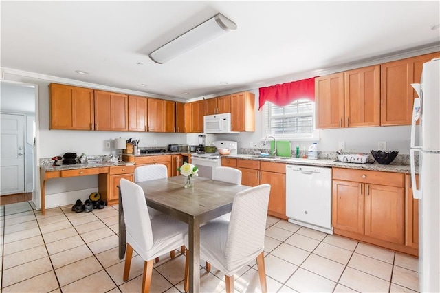 kitchen featuring white appliances, light tile patterned flooring, light stone countertops, ornamental molding, and sink