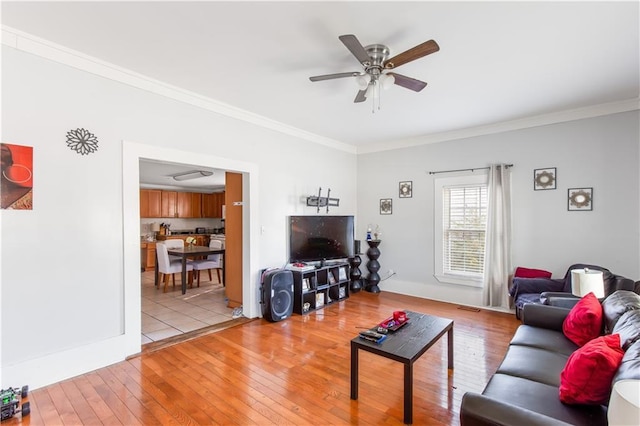 living room featuring ceiling fan, ornamental molding, and light hardwood / wood-style flooring