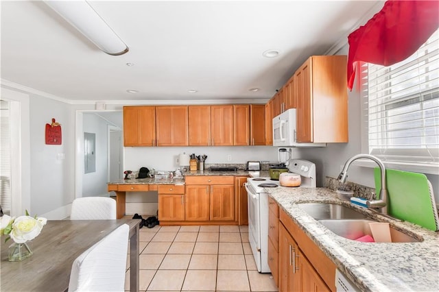 kitchen featuring sink, crown molding, white appliances, light tile patterned floors, and light stone counters