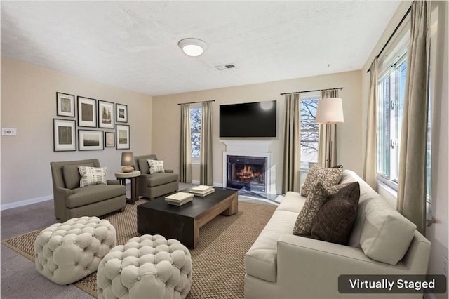 1056 Shadow Lake Dr, Lithonia, GA 30058 - living area featuring carpet flooring, a lit fireplace, and a textured ceiling